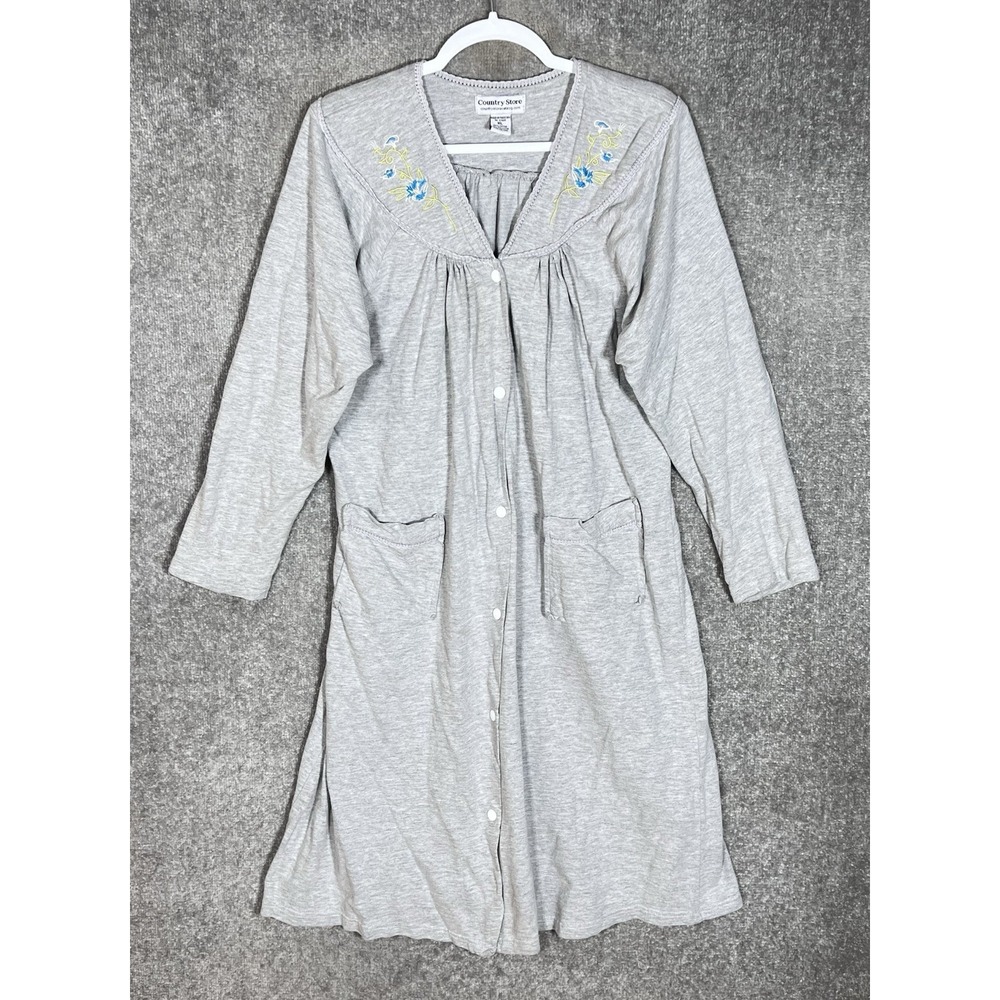 Country Store Snap Front Robe Womens Size XL Gray Floral Embroidery Pockets
